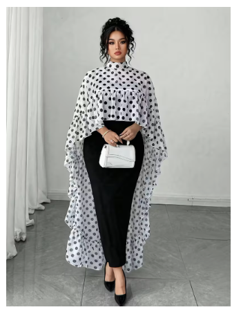 Plus Size, Women's Plus Size Elegant Stand Collar Chiffon Polka Dot Print Ruffle Hem Cape