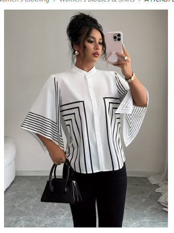 A French Elegant Shirt with a Stand Collar, Digital Prints