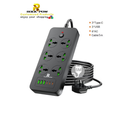 5meters Surge Protector Power Strip- Flat Plug Extension Cord With 6 Outlets And 3 USB Ports And 3 Type-C Ports,5M Power Cord(3000W/13A/110V-265V),PC Flame Retardant Material,Pure Copper Core