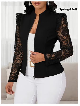 A Solid-color Lace-trimmed Zippered Long-sleeve Women's Top Coat for Spring and Autumn