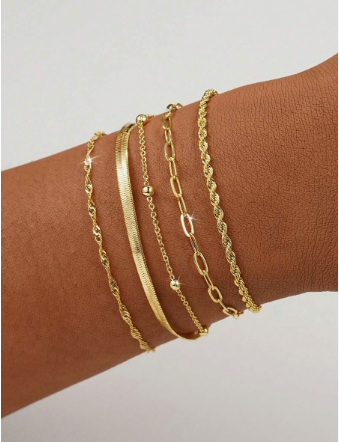 5pcs Set Of Elegant Adjustable Gold Bracelets, Suitable For Women's Daily Wear (Random Bead Quantity, Fixed Length)