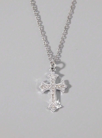 Vintage Gothic Style Rhinestone Cross Necklace, Fade-Resistant, Fashionable Unisex Hiphop Chain Necklace