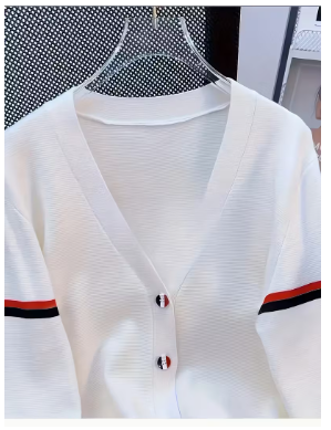 Elegant Trendy Women's V-Neck Cardigan, White with Red and Blue Striped Cuffs