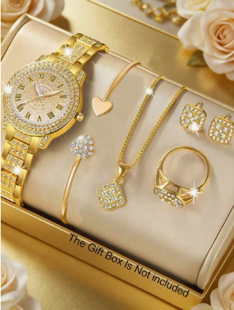 6pcs Elegant Light Luxury Women's Quartz Watch Set, Women's Luxury Sparkling Full Diamond Accessory Set, Including Full Diamond Gold Watch Strap Starry Roman Dial Quartz Watch, Earrings, Bracelet, Necklace, Earrings, Ring. Featuring A Dazzling Gold And Fu