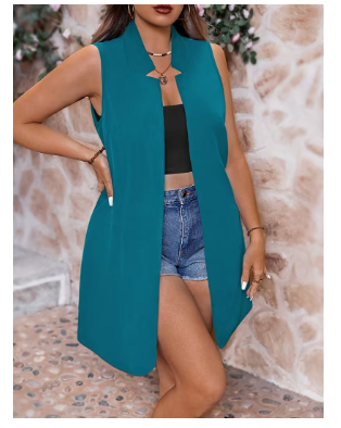 Women's Sleeveless Cardigan Midi Vest, Buttonless Design