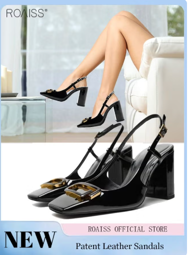 Women's Fashionable Patent Leather Thick Heel Sandals Square Toe Slingback Design with Stable Block Heel for Daily Commuting and Summer Events, Comfortable and Elegant Office Shoes Black