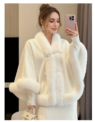 Women's Elegant Plush Faux-Fur Trimmed Cape Shawl Coat