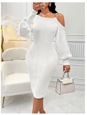 Asymmetrical Neckline Lantern Sleeve Bodycon Dress