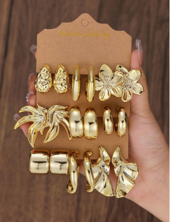 3pairs/9pairs Fashion Golden Plated Earrings Set, Vintage Flower, Hammered & Geometric, Women' Versatile Jewelry