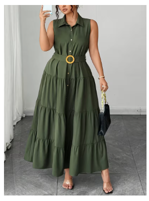 Summer Solid Color Collar Cardigan Long Dress for Daily Casual Elegant Wear