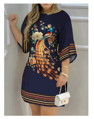 New Dress, Back Collar Button, Peacock And Floral Pattern, Placement Print Craft, Loose Fit, Soft And Comfortable Fabri