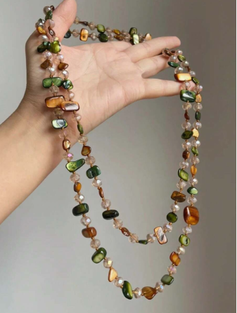 1pc Women's Retro Bohemian Style Colorful Shell Beaded Double-Layer Necklace, Vintage Luxury Holiday Long Necklace, Layerable, Suitable For Beach, Travel, Women's Daily Decoration, Outfit Matching, Dating, Party, Holiday Gift, Gemstone And Bead Colors And