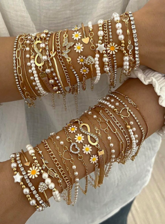 15/13/11/4pcs Multi-Layer Bohemian Style Geometric Flower Heart Star Faux Pearl Rhinestone Bling Bling Shiny 8-Figure Infinity Symbol Hollow Design Round Bead Beaded Daisy Chain Twist Knot Splicing Design Metal Style Minimalist Plain Chain Bracelet Set, F
