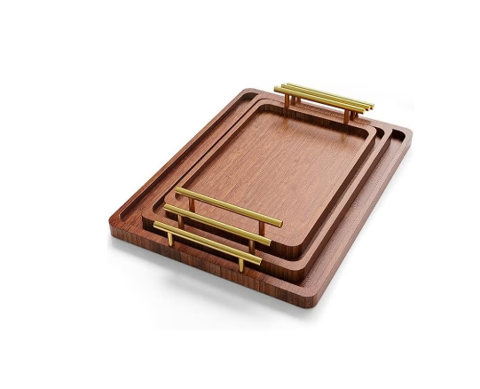 Bamboo 3 Pack Serving Tray Stylish Wooden Ottoman Tray with Metal Handles for Breakfast Lunch Dinner Appetizers Ottoman Living Room Coffee Table Kitchen Party Patio BBQ