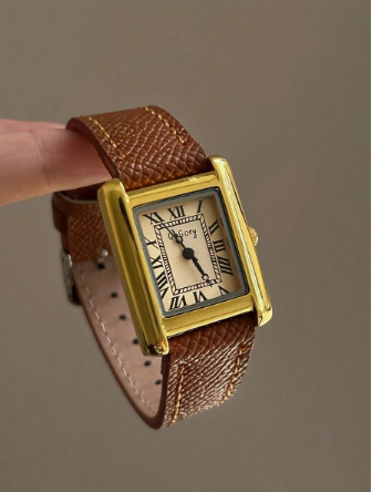 1pc Women's Vintage Square Small Gold Watch, Gentle And Elegant Gold Alloy Case Paired With Litchi Texture Brown Leather Strap. Belongs To Women's Watches, Gold Accessories, Jewelry Series, Suitable For Daily Commute, Vintage Outfit, Date Out, Graduation 