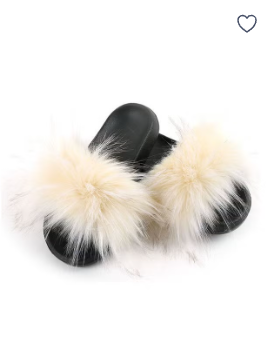 Fashion Women Long Faux Raccoon Fur Anti-slip EVA Slippers Beige/Black
