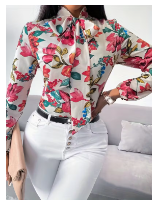 Floral Print Tie Neck Blouse, Casual Long Sleeve