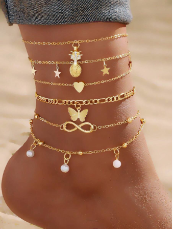 5pcs/Set Bohemian Style Pineapple Pearl Butterfly Anklet, Women Jewelry, Gold Plated, Suitable For Daily Wear, Wedding, Party, Gift