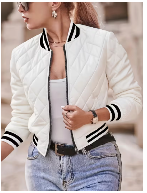 Women's Autumn/Winter Warm Casual Quilted Crewneck Jacket - Black and White Striped Colla