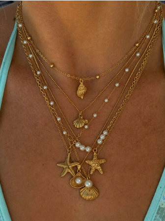 6/3pcs Beach Vacation Bohemian Style Starfish Shell Conch Faux Pearl Pendant Necklace Set For Women, Daily Wear, Party, Date, Vacation, Travel, Gift For Girlfriend, Mom