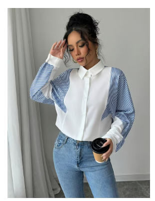 Women'S Striped Patchwork Long Sleeve Button-Up Shirt C