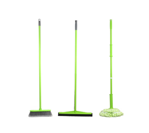 Clean and Care Cleaning Set Combo Indoor Broom Wiper Squeegee Spin Mop All with Iron Stick Long Handle for Home Kitchen Office Assorted color