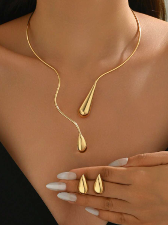 1 Set 3pcs Vintage Elegant Fashion Choker Earrings Water Drop Necklace Jewelry Set, Simple Versatile Open-End Water Drop Inlaid Choker Earrings Set Suitable For Women's Daily, Banquet, Party Wear