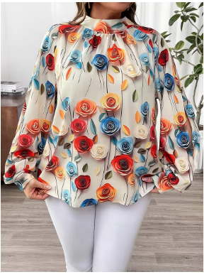 Plus Size, Women's Plus Size Stand Collar Bow Floral Print Lantern Sleeve Blouse