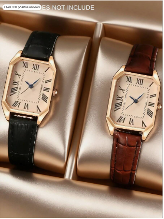 2pcs Women's Quartz Watches Set, Vintage Rose Gold Wrist Watches, Elegant Gift And Accessory Choice. Retro Roman Numeral Dial With Black And Brown Leather Strap, Suitable For Daily Commute, Dating, Shopping Or Gathering With Friends.