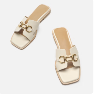 Slippers For Women'S Summer Outer Wear Flats Genuine Leather Flip-Flops Retro Horsebit Buckle Fashionable And Comfortable Sandals