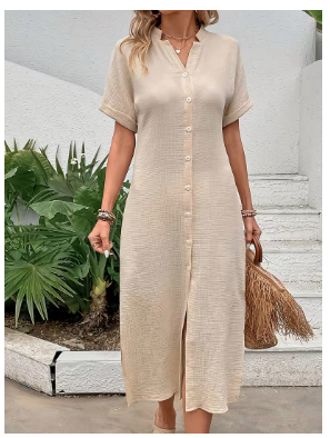 Regular Casual Apricot Stand Collar Straight-Cut Women's Long Dress