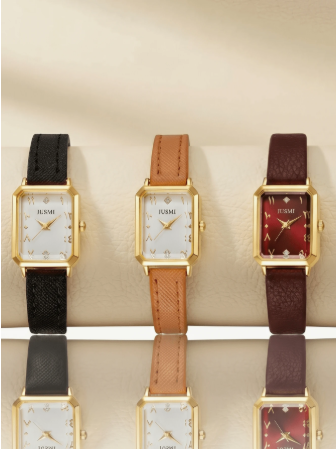 JUSMI Retro Square Leather Watch For Women, 3 Colors Luxury Quartz Wristwatch With Diamond Index, Versatile For Daily Wear, Perfect Mother's Day Gift 3pcs/Set