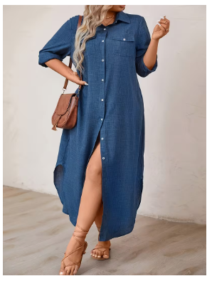 Women'S Plus Size Casual Faux Denim-Style Long Shirt Dress