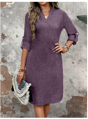 Spring/Summer Solid Color V-Neck Long Sleeve Dress