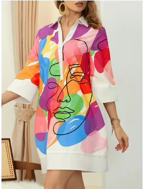 Colorful Face Regular Fit Elegant Shirt Dress