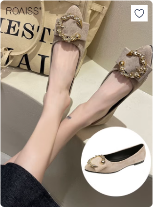 Women's Flat Sole Single Shoes with Shallow Mouth Metal Decorative Pointed Toe Foot Beanie Design Comfortable Everyday Slip Ons for Casual Wear and Office Outfits Lightweight Commuting Shoes Beige