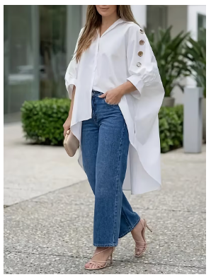 Women'S Asymmetrical Loose Shirt Dress with Metal Ring Detail YYTT