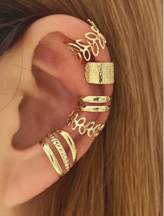 5pcs/Set Personalized Geometric Ear Bone Clip Without Ear Holes, C-Shaped Hollow Leaf Earrings, Elegant And Sexy Earrings, Fashionable Ear Clip, Mixed Metal Leaf And Branch Design, Textured Matte Finish, Multiple Sleeve Earrings, Versatile Jewelry For Wom