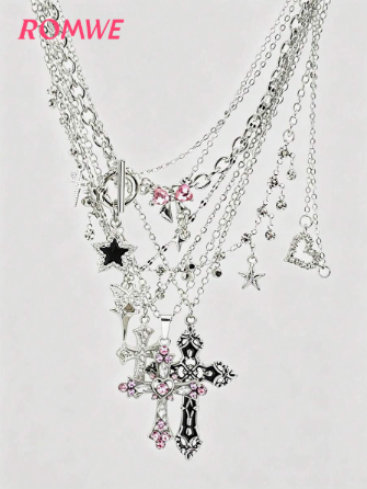 ROMWE 8 Pieces Retro Gothic Diamond Set Star Love Cross Bow Flow Star Quadrangle Star Flash Diamond Atmosphere Water Drop Collarbone Chain Women Necklace Se