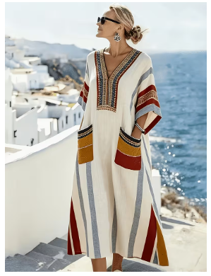 Women's Fashion Printed V-Neck Dress, Beach Vacation Style