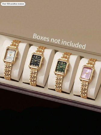 4pcs Women's Fashion Casual Quartz Wrist Watch Set With Square Roman Numeral Dial And Steel Strap, Elegant And Minimalist (Set Does Not Include Watch Box)