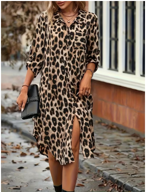 A Leopard Print Button-Up Shirt Dress, Elegant Women'S Wear
