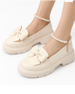 Women's Mid Block Heel Pumps Flat Mary Jane Shoes with Bow Pearl Strap Princess Wedding Party Dress Shoes