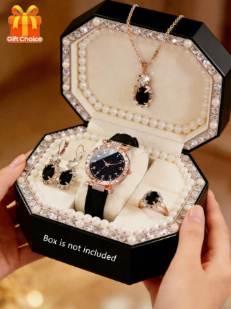 5/1pc Women's Fashion Elegant Casual Sparkling Dial Quartz Watch, Paired With Crystal Necklace, Ring, Earring Jewelry Set, Suitable For Women's Birthday/Holiday Gift, Daily Wear, Graduation Season, Celebration, Party, Family Gathering Decoration, Ideal Gr
