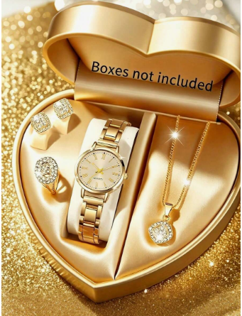 5Pcs/Set Women's Fashion Elegant Roman Numeral Dial Quartz Watch And Jewelry Bracelet Necklace Ring Set, Suitable For Women To Wear, As Birthday/Holiday Gift For Women, Perfect For Back To School, Parties, Travel And Other Occasions. Graduation Season, Va