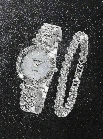 2pcs Or 1pc Bracelet Set, Elegant And Affordable Luxury Women's Quartz Watch Set, Includes One Silver Diamond-Encrusted Quartz Watch And One Full Diamond Women's Bracelet. With Cool Silver And Rhinestone Tones As The Center, The Watch Features A Diamond-E