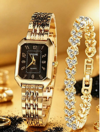 2pcs/Set Women's Black & Gold Luxury Accessory Set, Black Dial Square Steel Strap Quartz Watch With Matching Rhinestone Bracelet, Vintage Elegant, Perfect Birthday, Valentine's Day Or Graduation Gift For Girlfriend, Best Friend, Exudes Sophistication And 