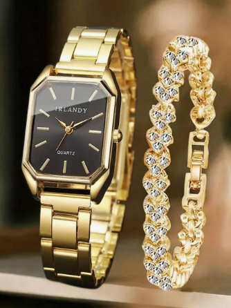 2pcs Women's Luxury Small Gold Watch Set, Includes Square Small Gold Watch And Full Rhinestone Heart Bracelet, Full Gold Design Exudes Gentle And Elegant Elegant. Suitable For Daily Commute, Dating, Workplace Outfits, Graduation Gifts, Birthday Gifts And 