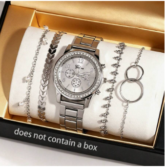 5pcs/Set Women's Alloy Steel Strap Quartz Watch, Fashion Casual Classic Arabic Numeral Dial Quartz Watch With Diamond Bracelet Jewelry Set, Suitable For Daily Wear, Decoration, Gift For Friends Or Holiday Gift