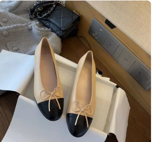 2025 Early Spring Chanel Style Flats Women'S Genuine Leather Fashionable Versatile Round-Toe Bow Shallow Color Matching Ballet Shoes